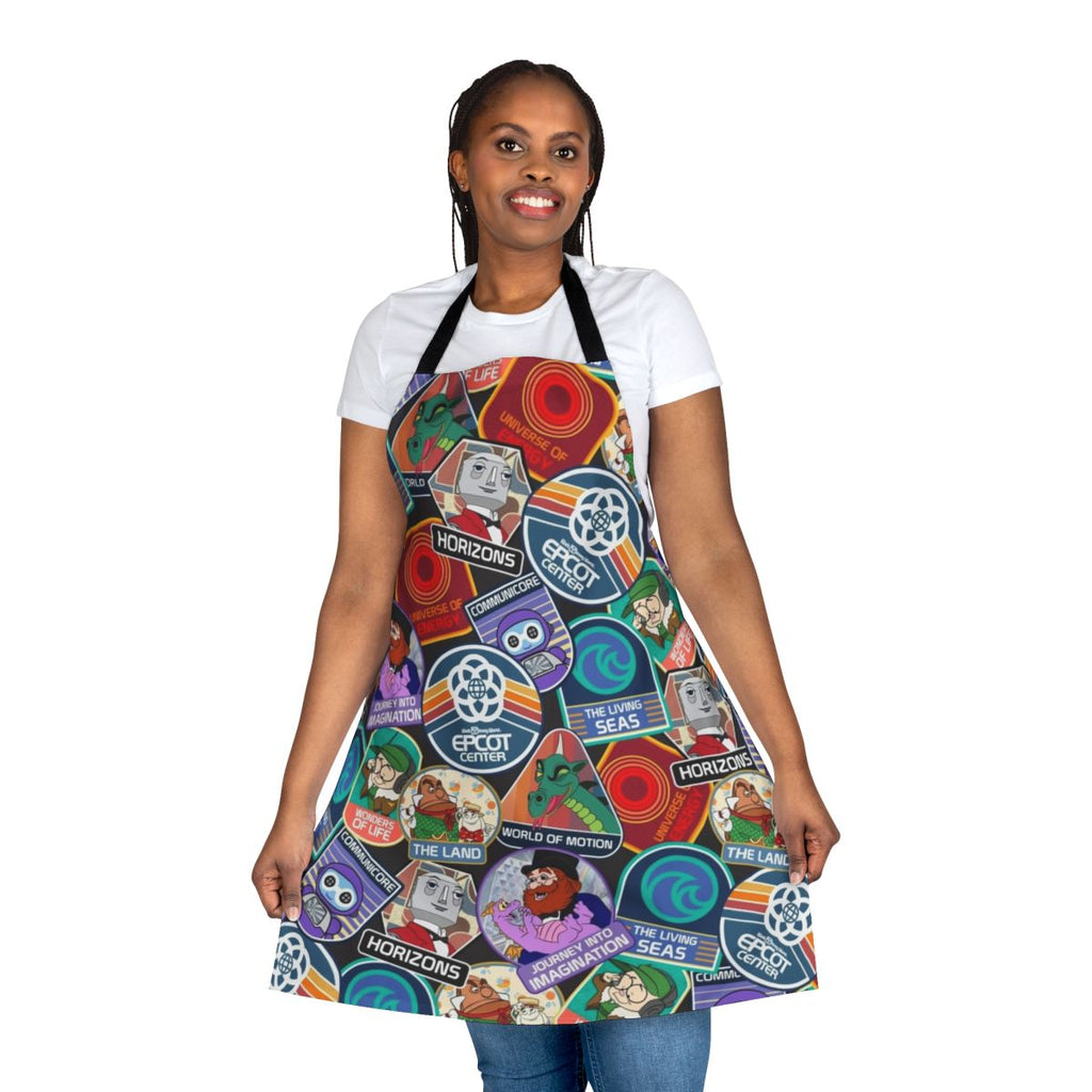 Vintage-inspired Epcot Center apron featuring iconic attractions and characters