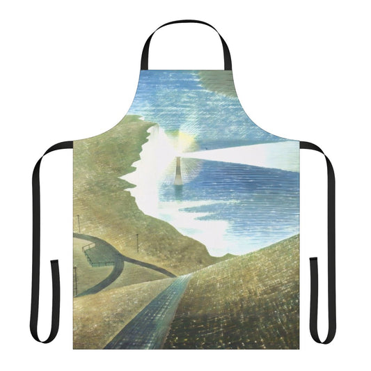Apron featuring a vintage-style painting of boats and a seascape by British artist Eric Ravilious