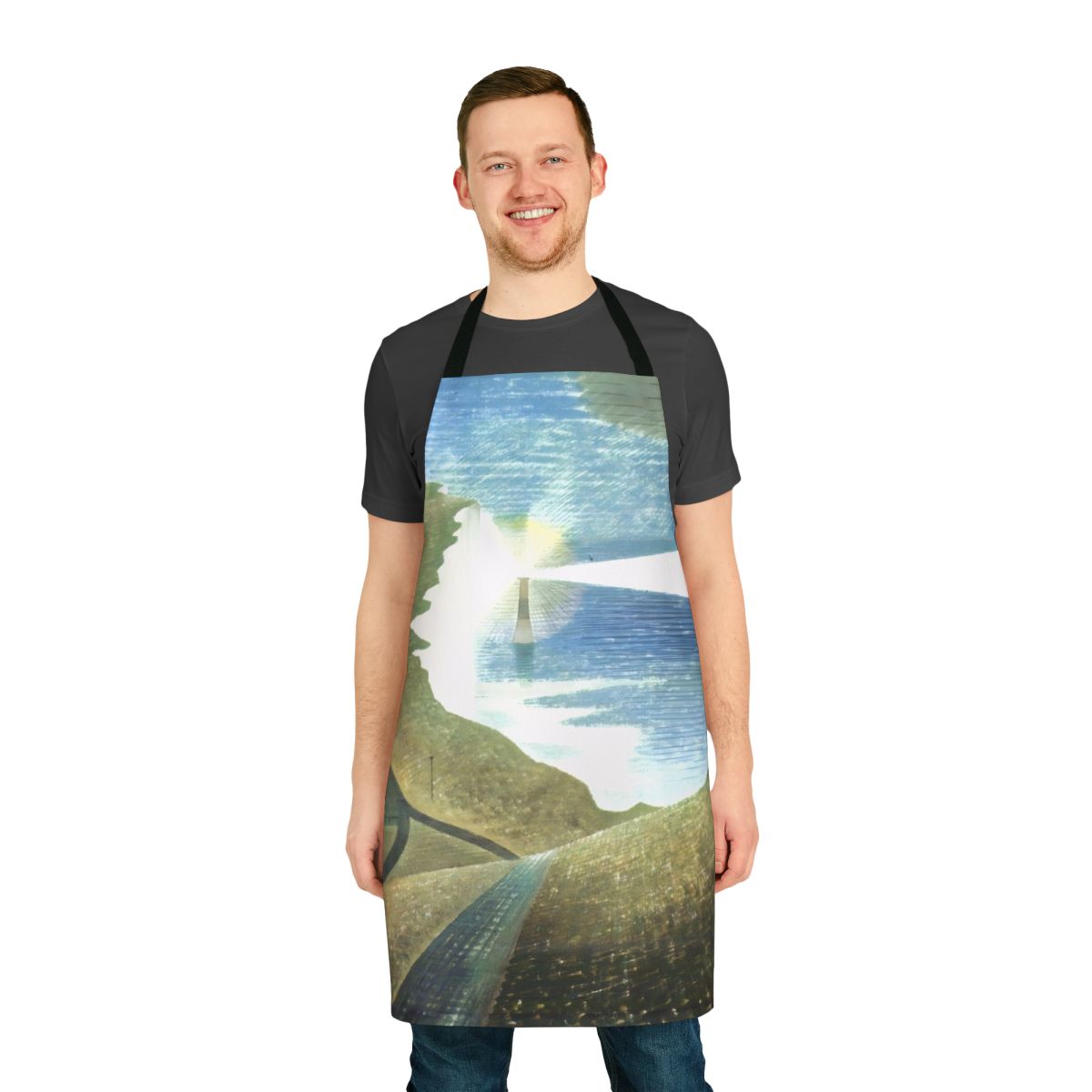 Apron featuring a vintage-style painting of boats and a seascape by British artist Eric Ravilious