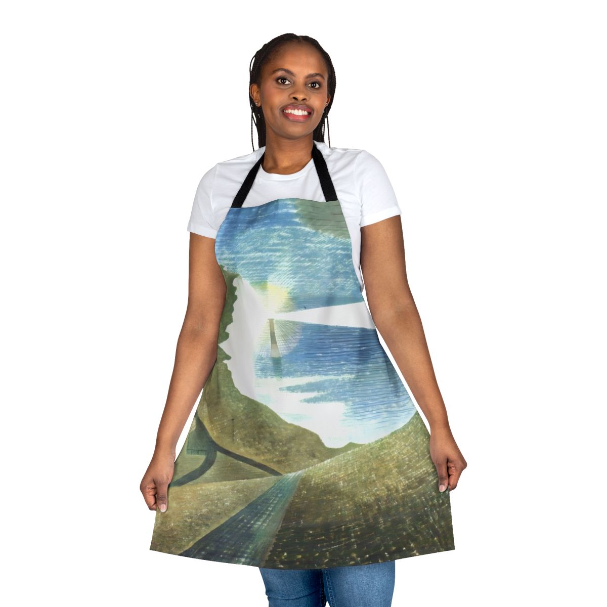 Apron featuring a vintage-style painting of boats and a seascape by British artist Eric Ravilious