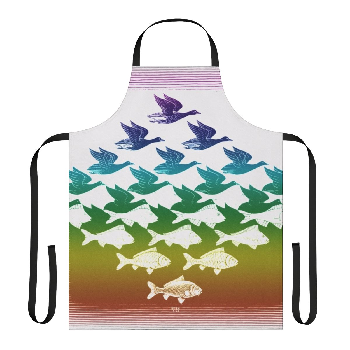 Vintage-inspired apron featuring surreal optical illusion designs inspired by the artwork of M.C. Escher
