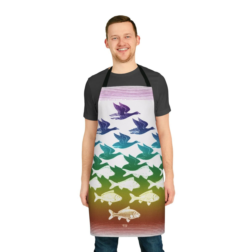 Vintage-inspired apron featuring surreal optical illusion designs inspired by the artwork of M.C. Escher