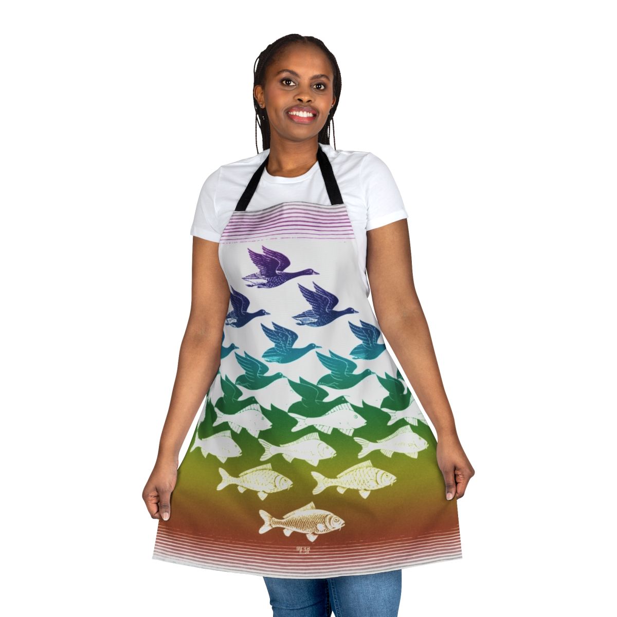 Vintage-inspired apron featuring surreal optical illusion designs inspired by the artwork of M.C. Escher
