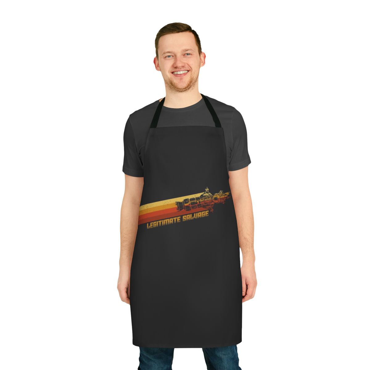 Vintage-style apron inspired by the Expanse science fiction TV series, featuring the MCRN logo and Rocinante ship.
