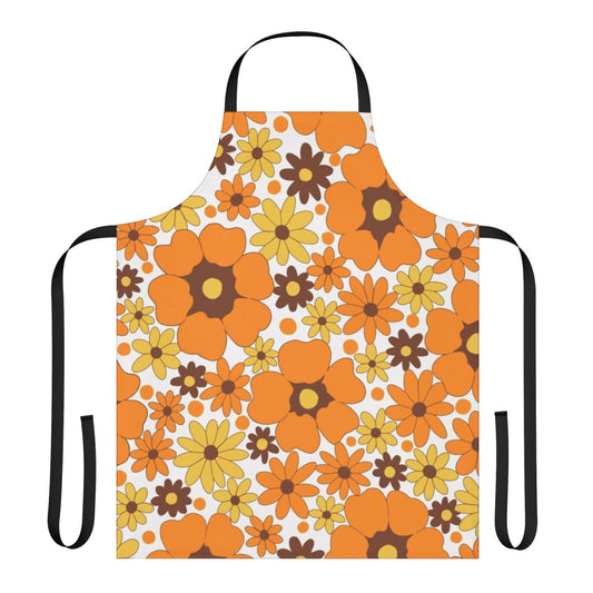 Vibrant floral apron in a retro 1970s style, perfect for autumn