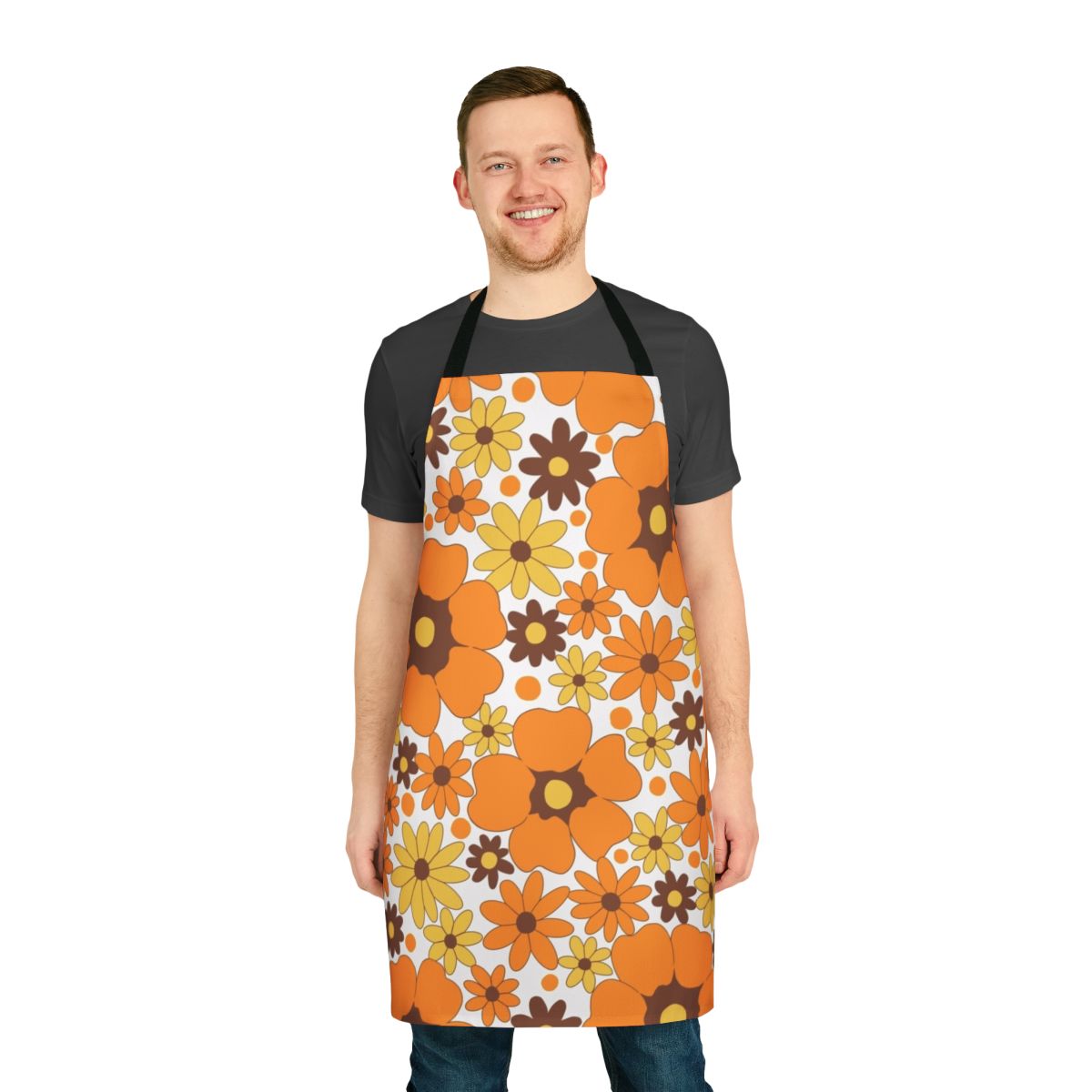 Vibrant floral apron in a retro 1970s style, perfect for autumn