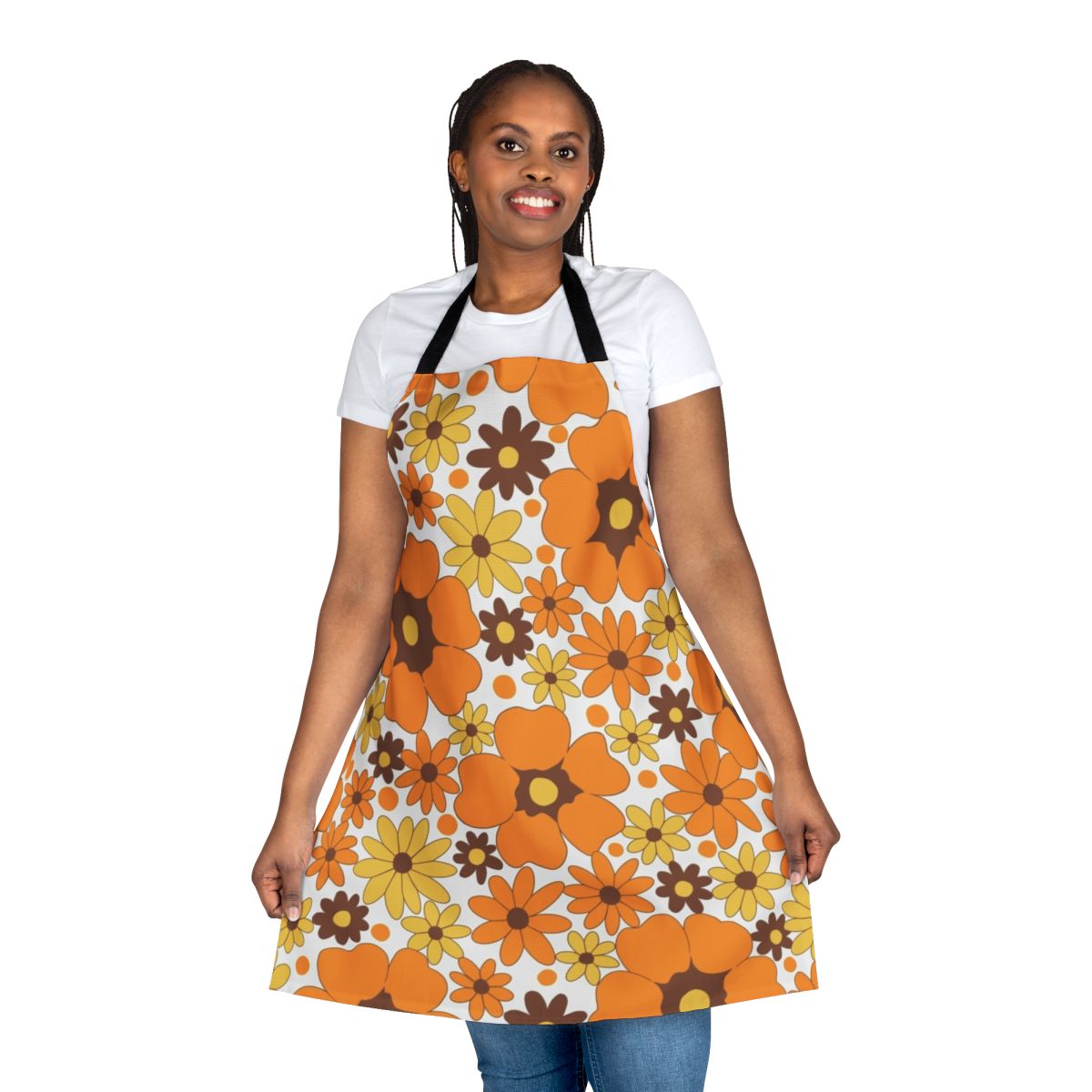 Vibrant floral apron in a retro 1970s style, perfect for autumn