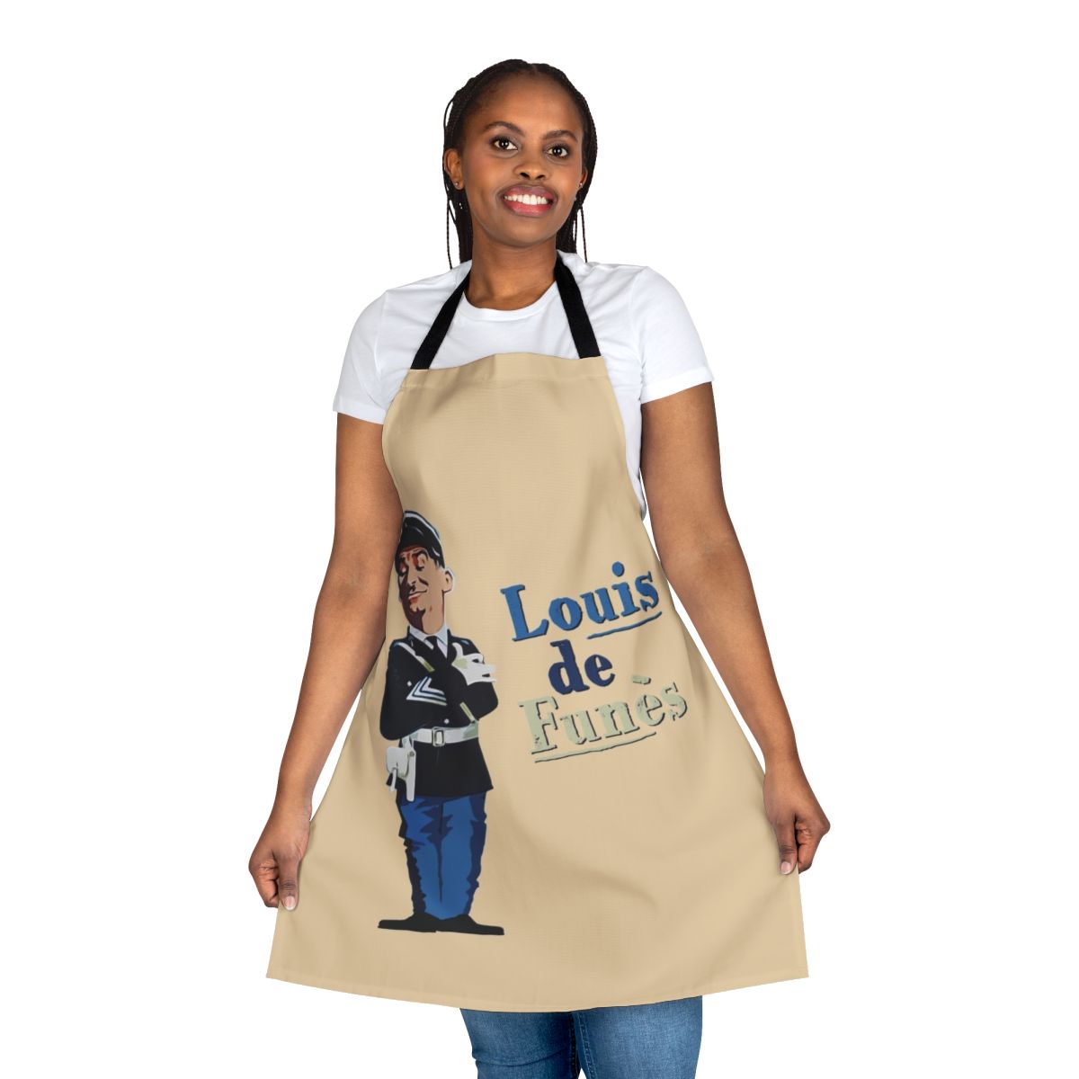 Vintage-inspired cooking apron featuring iconic French actor Louis de Funes