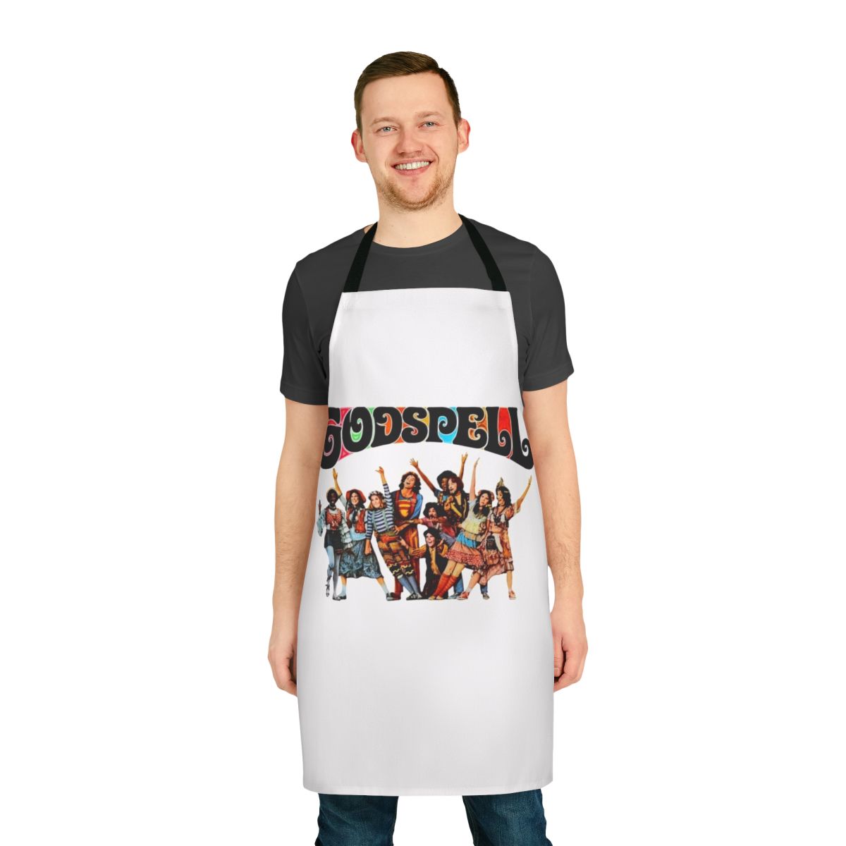 Vintage-inspired apron featuring Godspell musical imagery