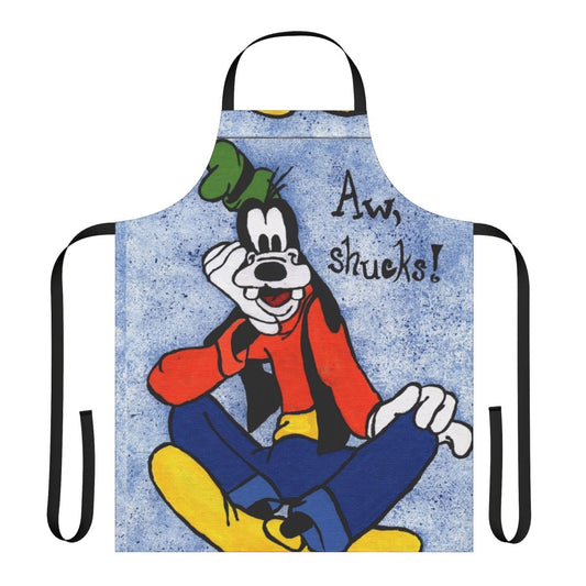 Vintage-inspired goofy painting apron with a spotted, dotted blue background and a fun, retro-style design.