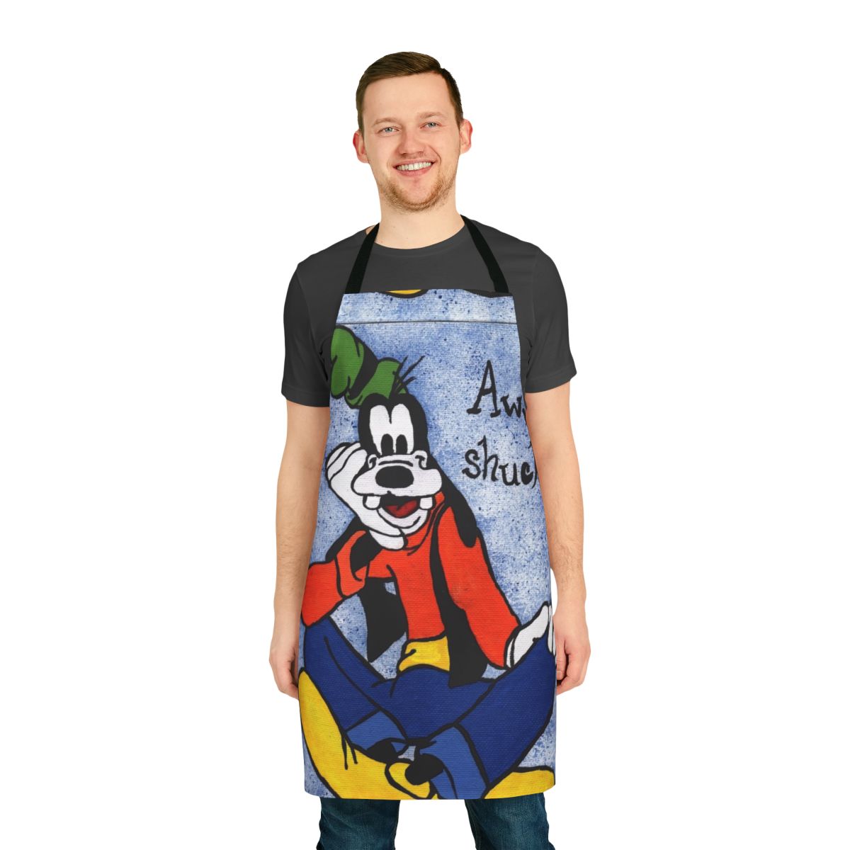 Vintage-inspired goofy painting apron with a spotted, dotted blue background and a fun, retro-style design.