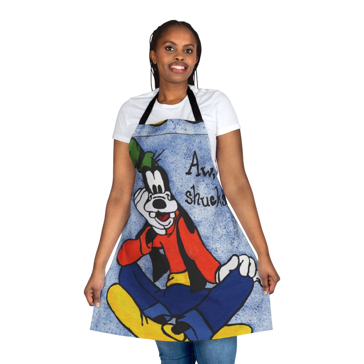 Vintage-inspired goofy painting apron with a spotted, dotted blue background and a fun, retro-style design.