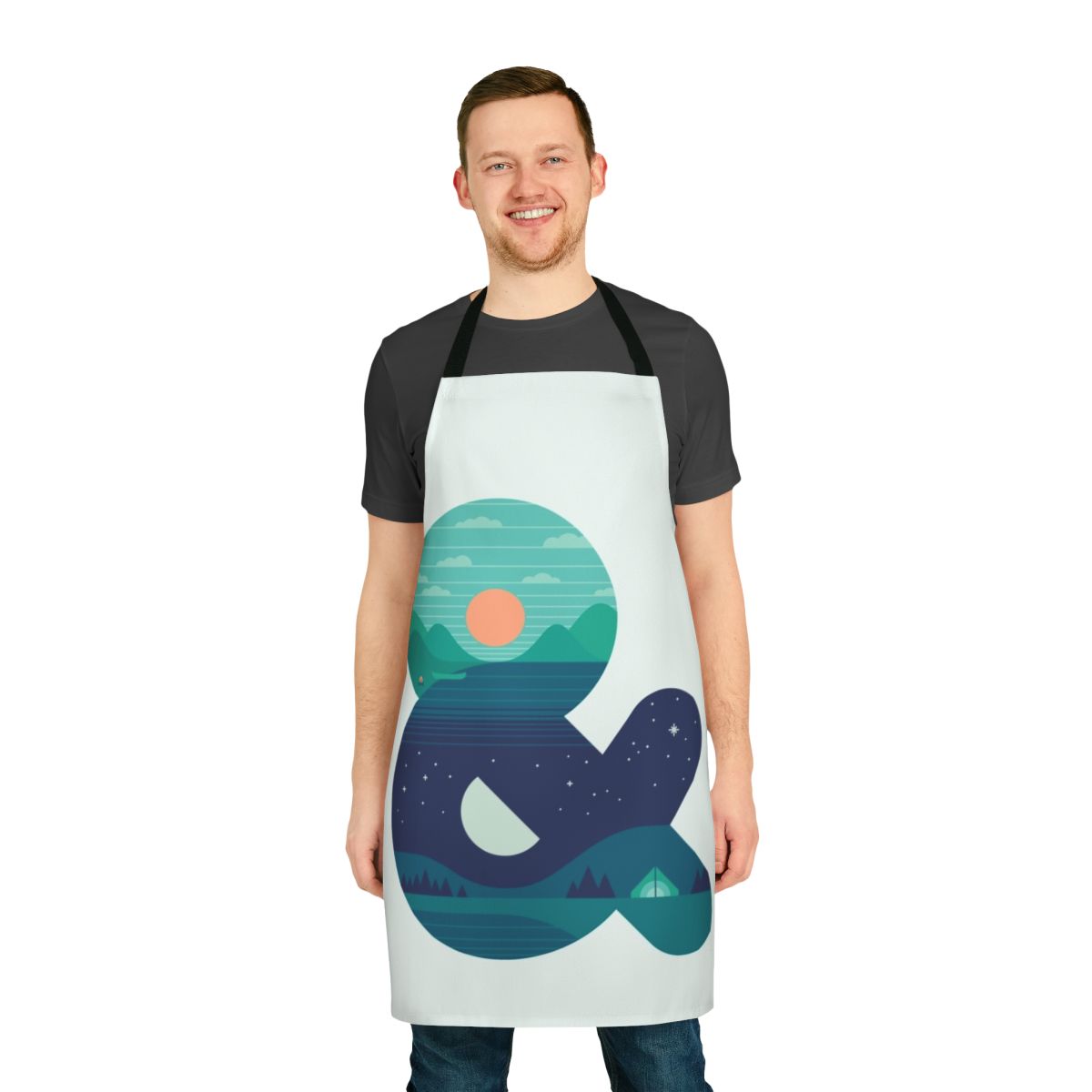 Vintage-inspired graphic design apron featuring a minimalist nature-themed design