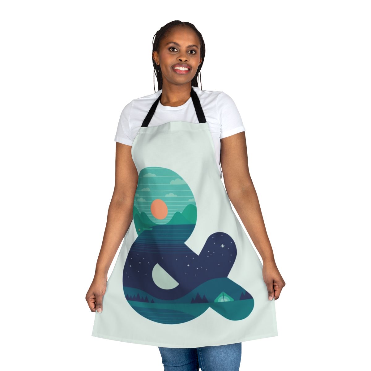 Vintage-inspired graphic design apron featuring a minimalist nature-themed design