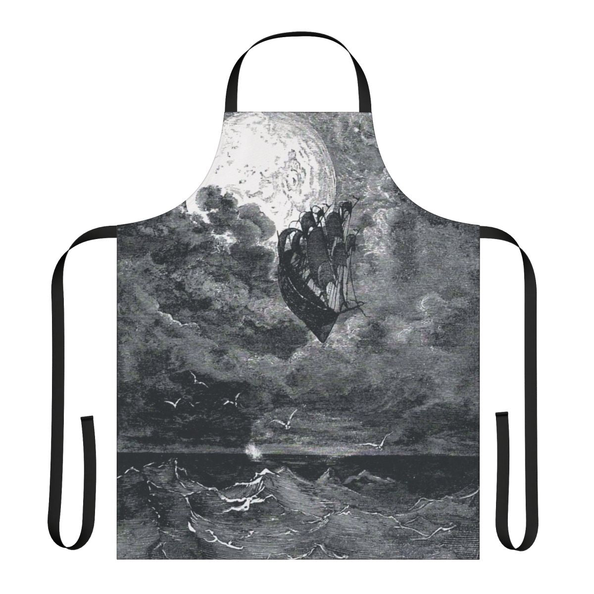 Vintage black and white illustration of a ship travelling to the moon, printed on an apron