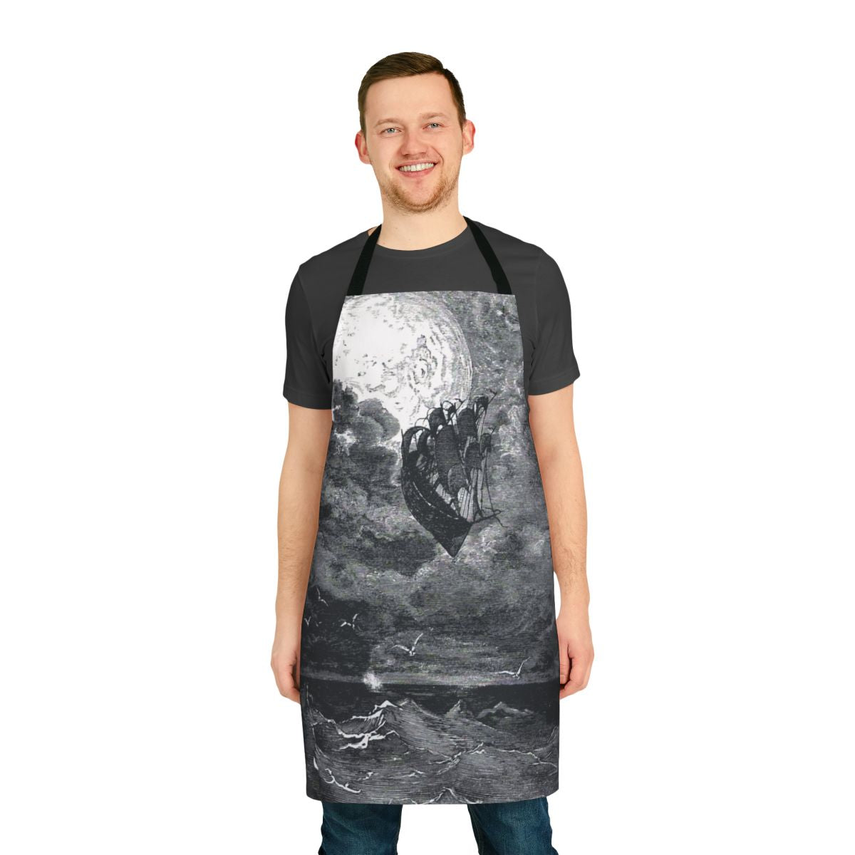Vintage black and white illustration of a ship travelling to the moon, printed on an apron