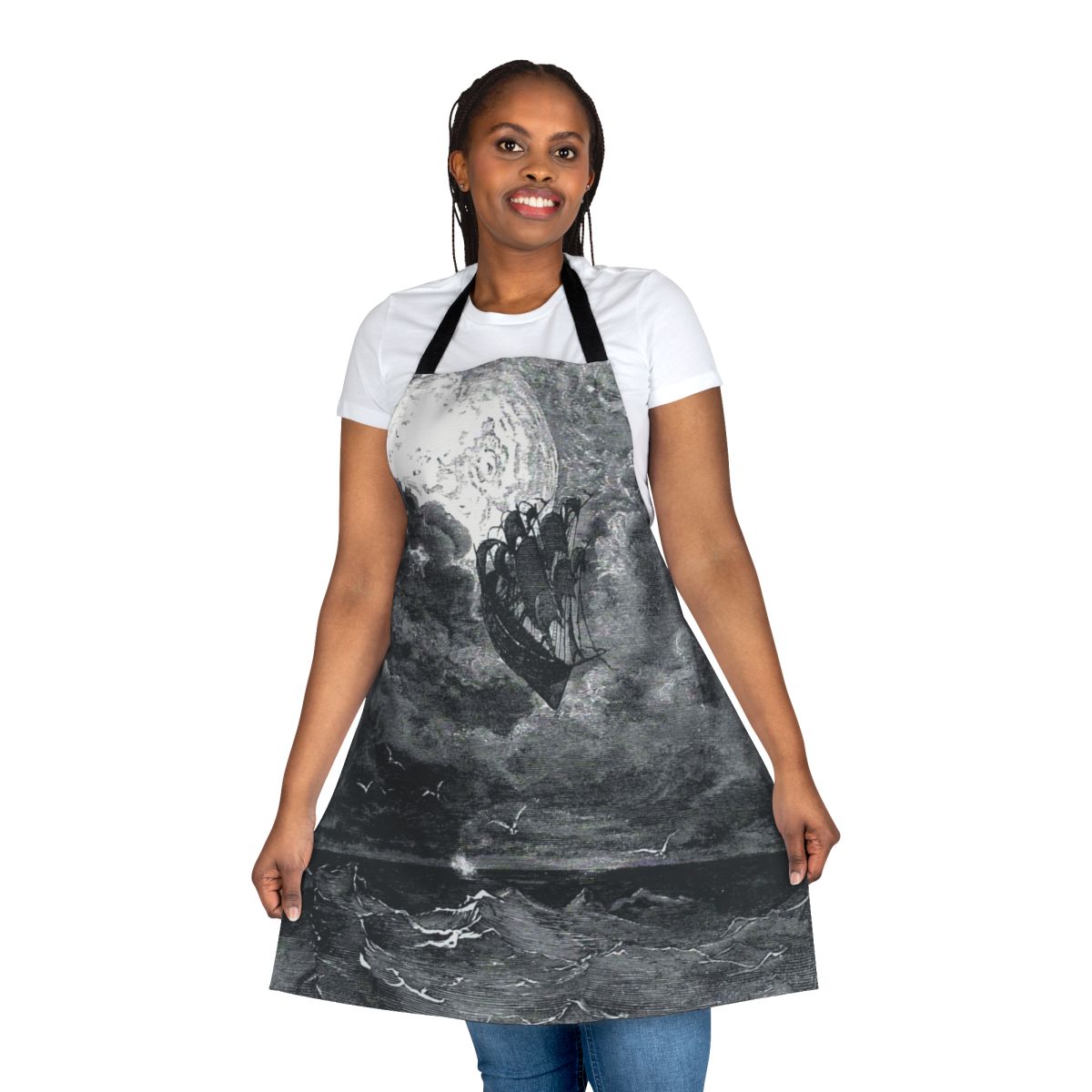 Vintage black and white illustration of a ship travelling to the moon, printed on an apron