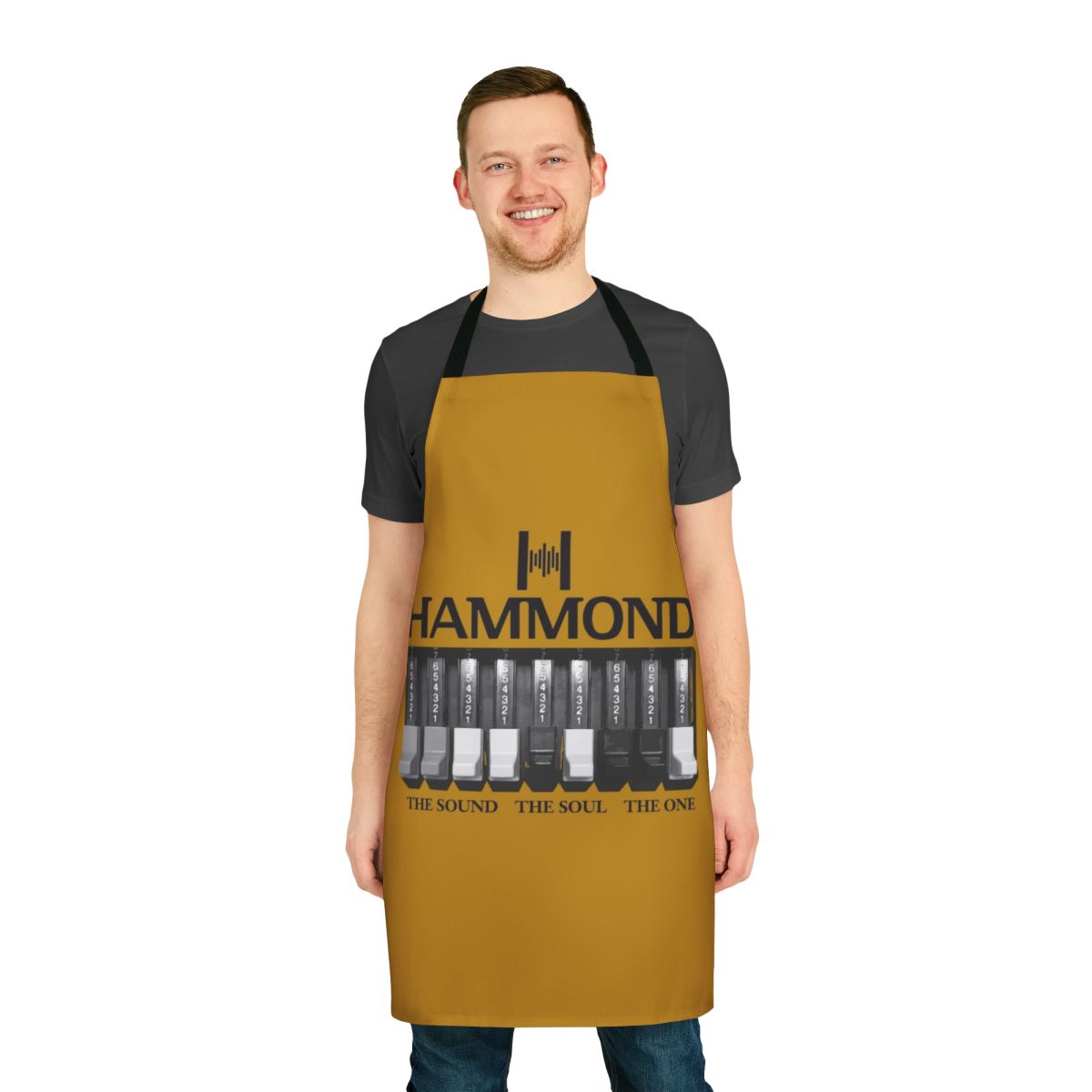 Apron featuring a vintage-style Hammond organ logo and graphics