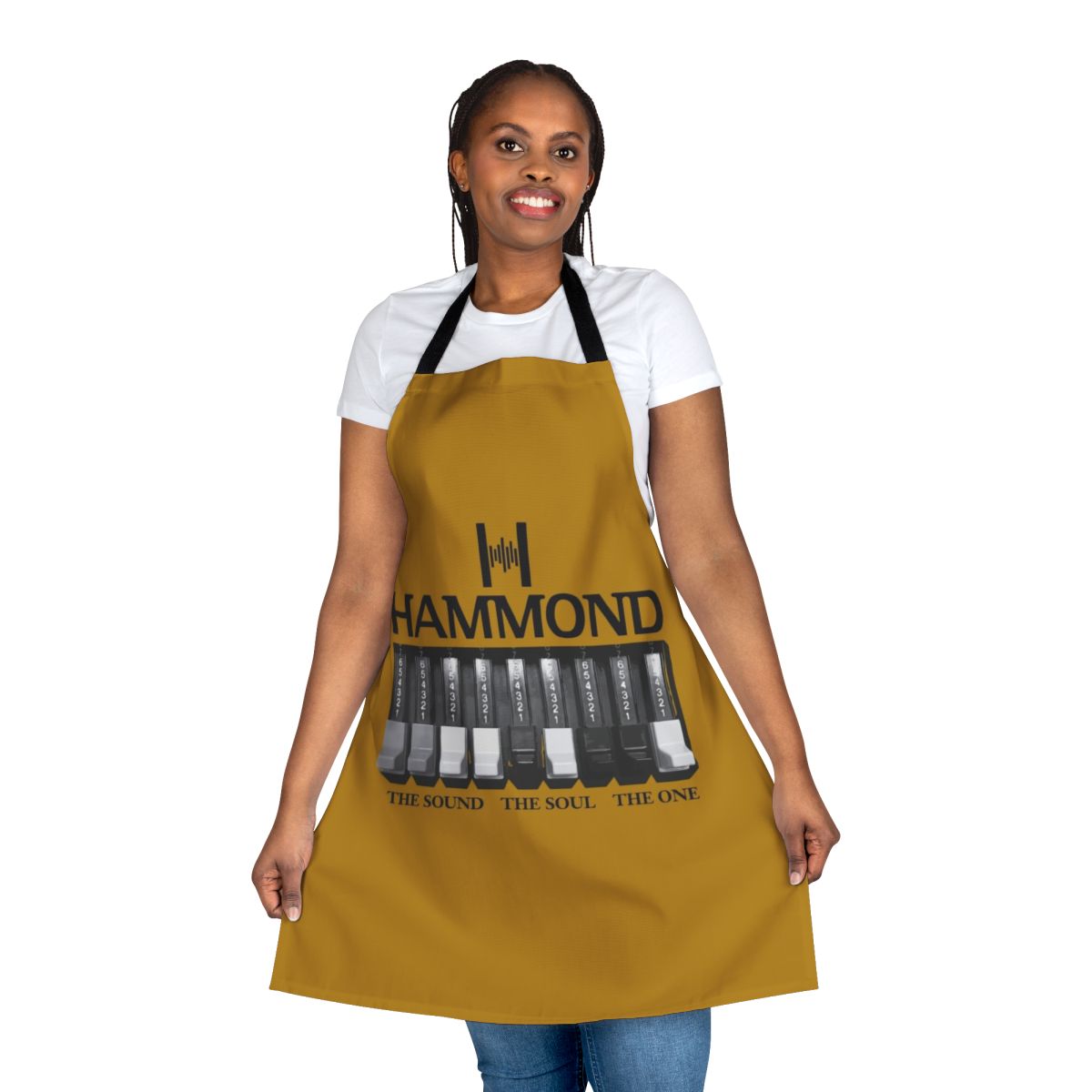 Apron featuring a vintage-style Hammond organ logo and graphics