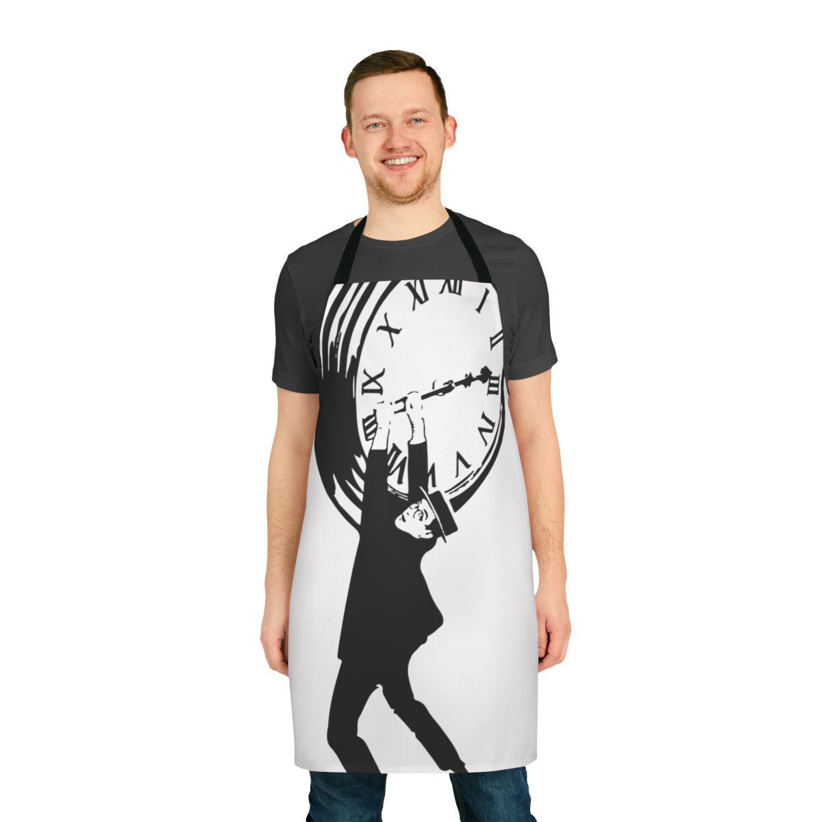A vintage-style apron featuring the iconic silent film star Harold Lloyd from the classic movie "Safety Last"