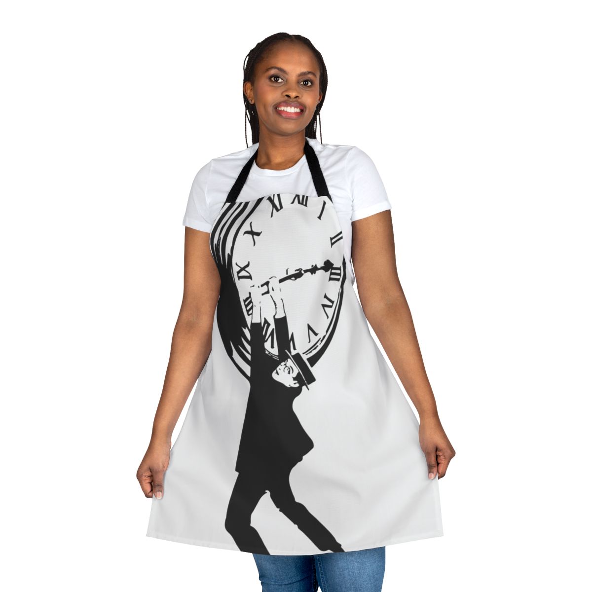 A vintage-style apron featuring the iconic silent film star Harold Lloyd from the classic movie "Safety Last"