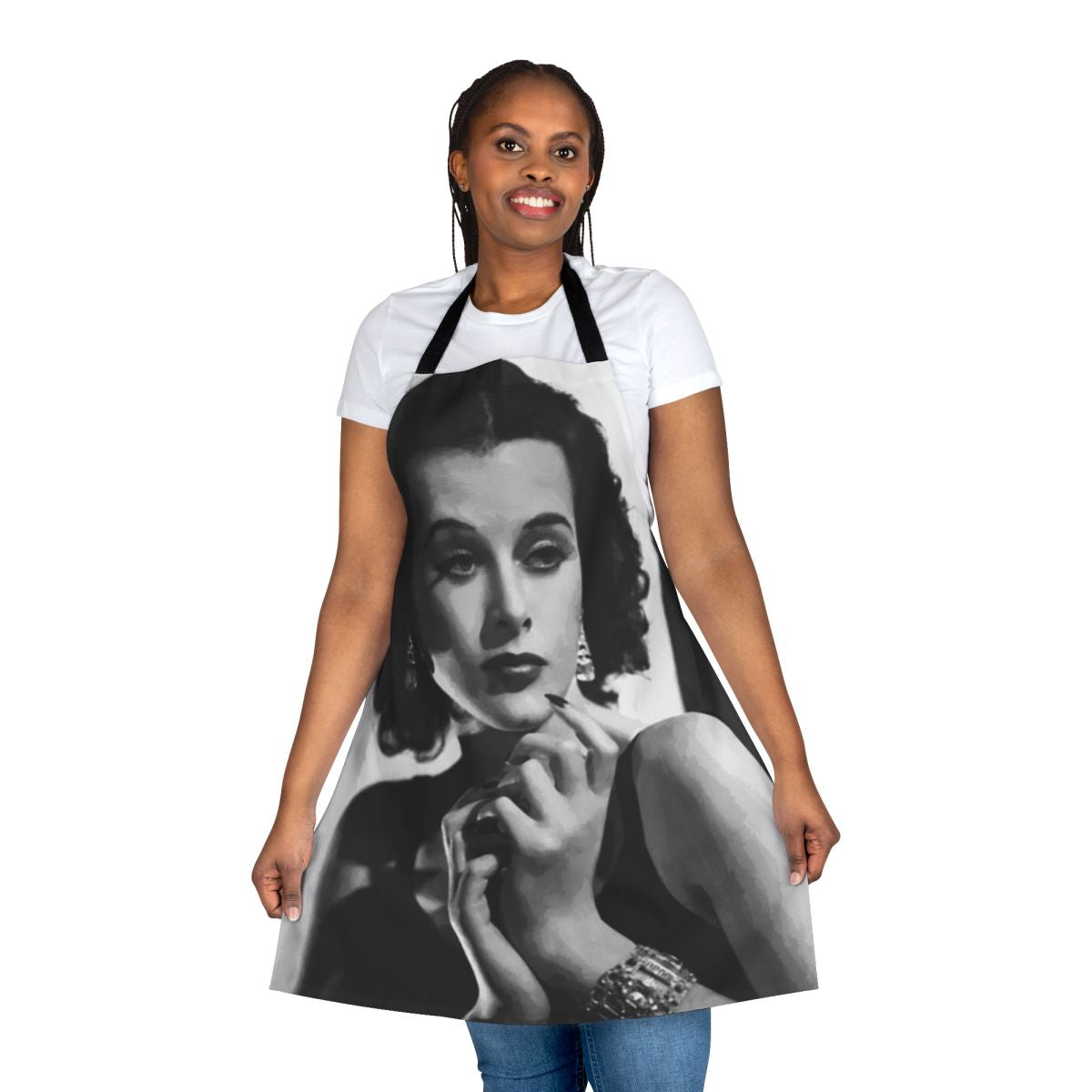 Vintage-inspired apron featuring a portrait of classic Hollywood actress and inventor Hedy Lamarr