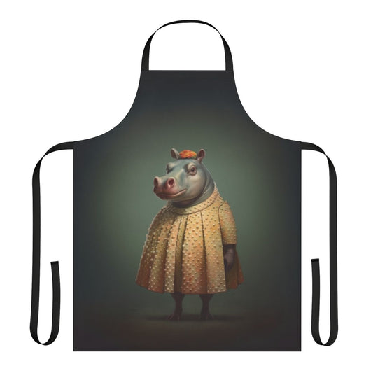 Vibrant yellow apron with a charming hippopotamus design, perfect for a 1950s-inspired kitchen.