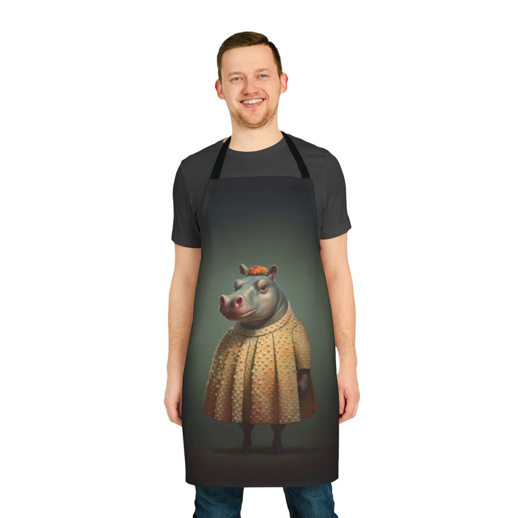 Vibrant yellow apron with a charming hippopotamus design, perfect for a 1950s-inspired kitchen.