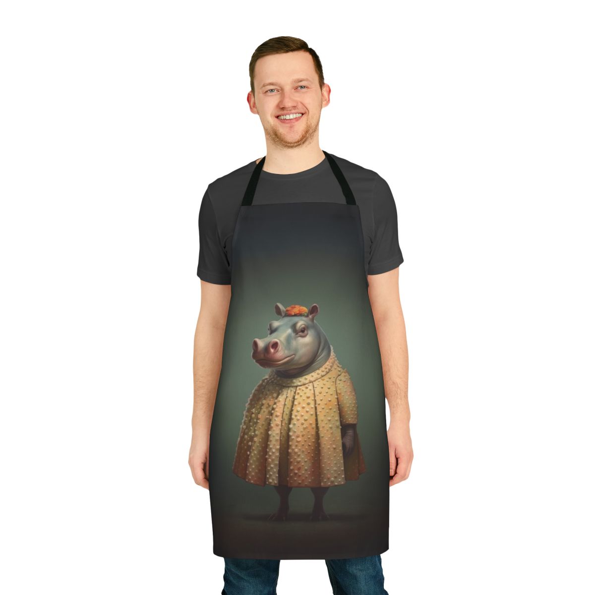 Vibrant yellow apron with a charming hippopotamus design, perfect for a 1950s-inspired kitchen.