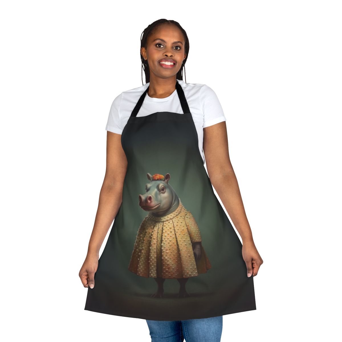 Vibrant yellow apron with a charming hippopotamus design, perfect for a 1950s-inspired kitchen.