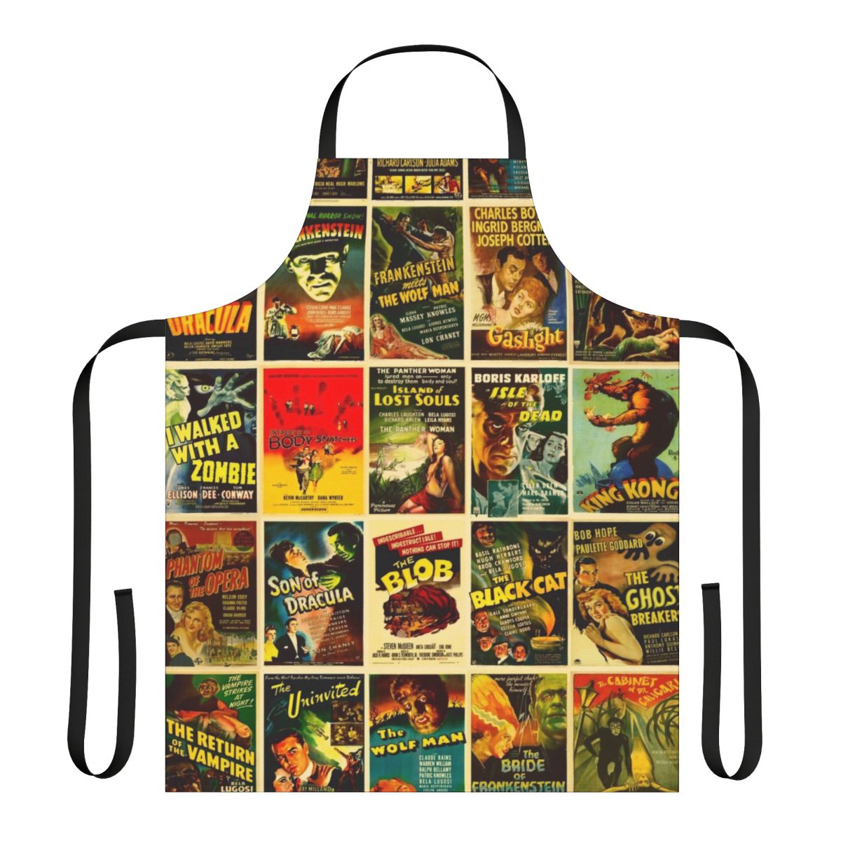 Vintage-style horror movie posters printed on a durable apron for movie lovers and Halloween enthusiasts.