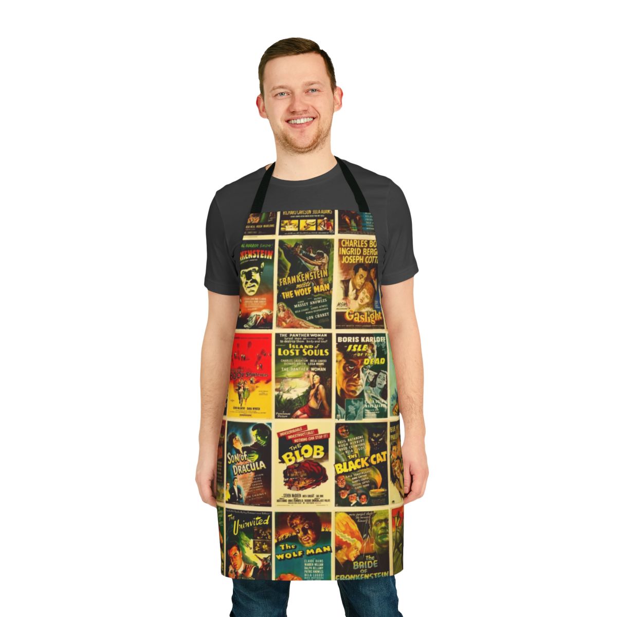 Vintage-style horror movie posters printed on a durable apron for movie lovers and Halloween enthusiasts.