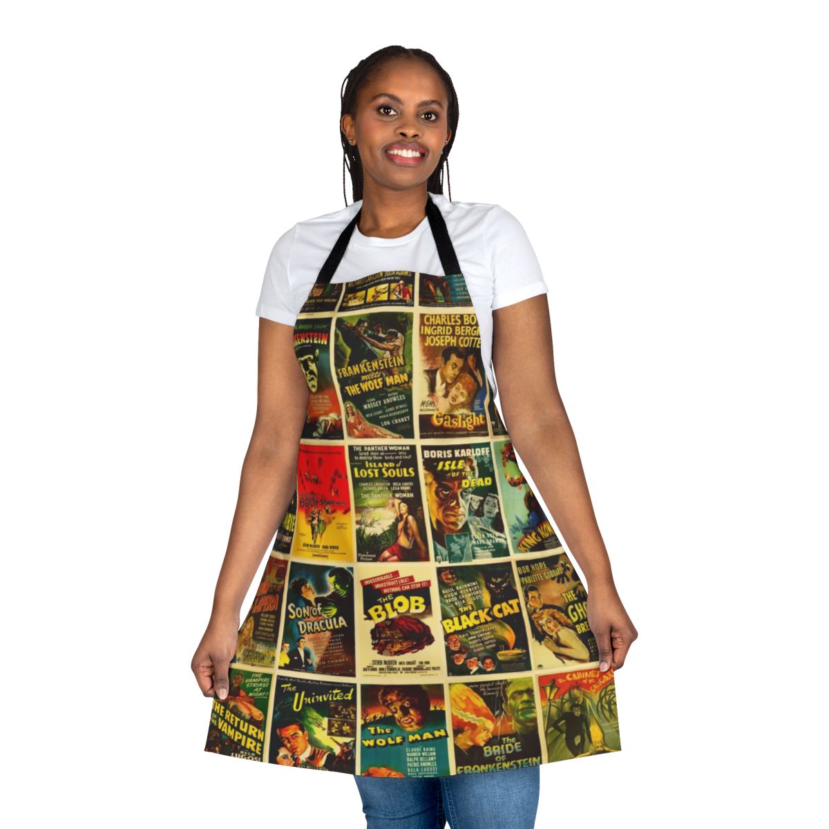 Vintage-style horror movie posters printed on a durable apron for movie lovers and Halloween enthusiasts.