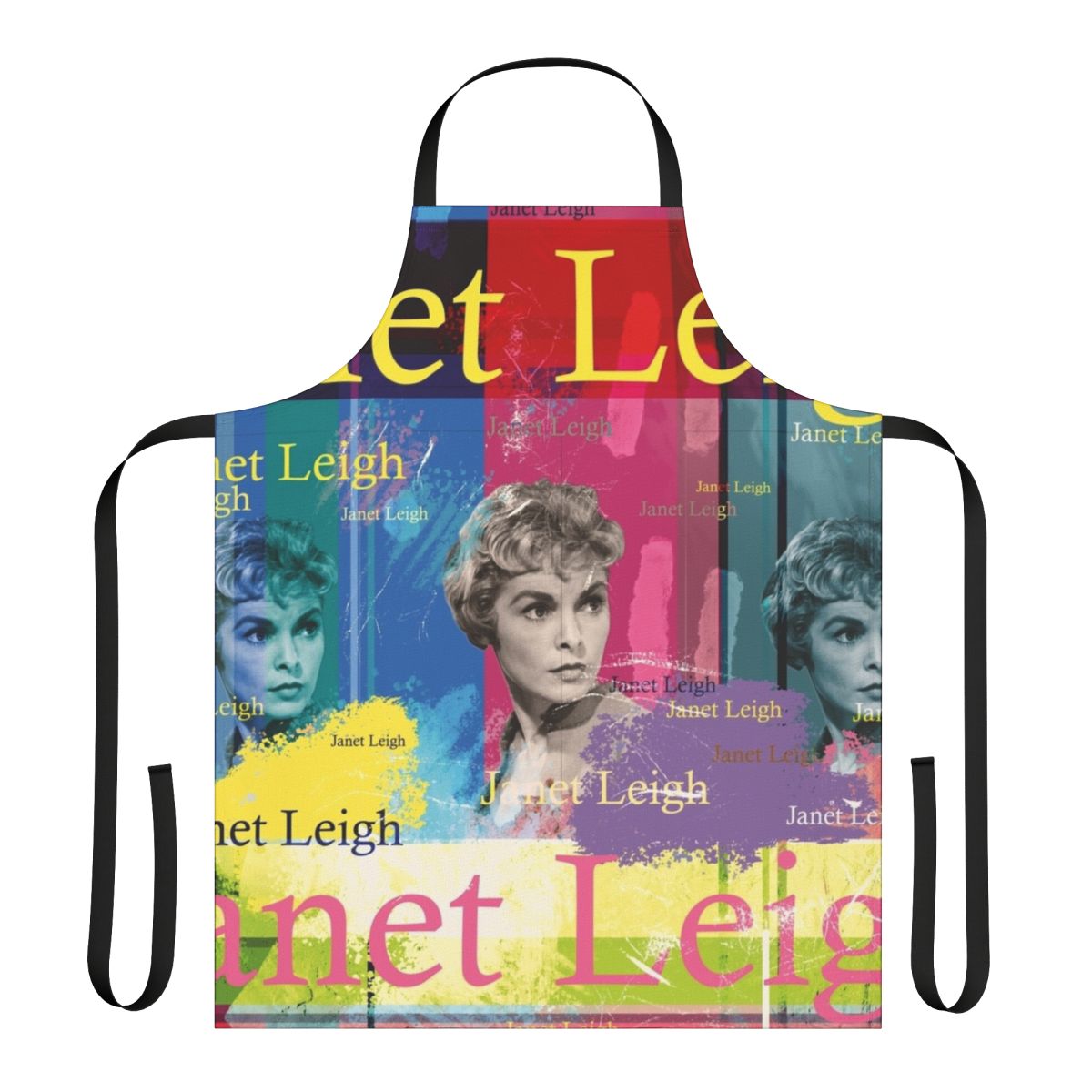An apron featuring a digital collage portrait of actress Janet Leigh, known for her role in the classic film "Psycho".