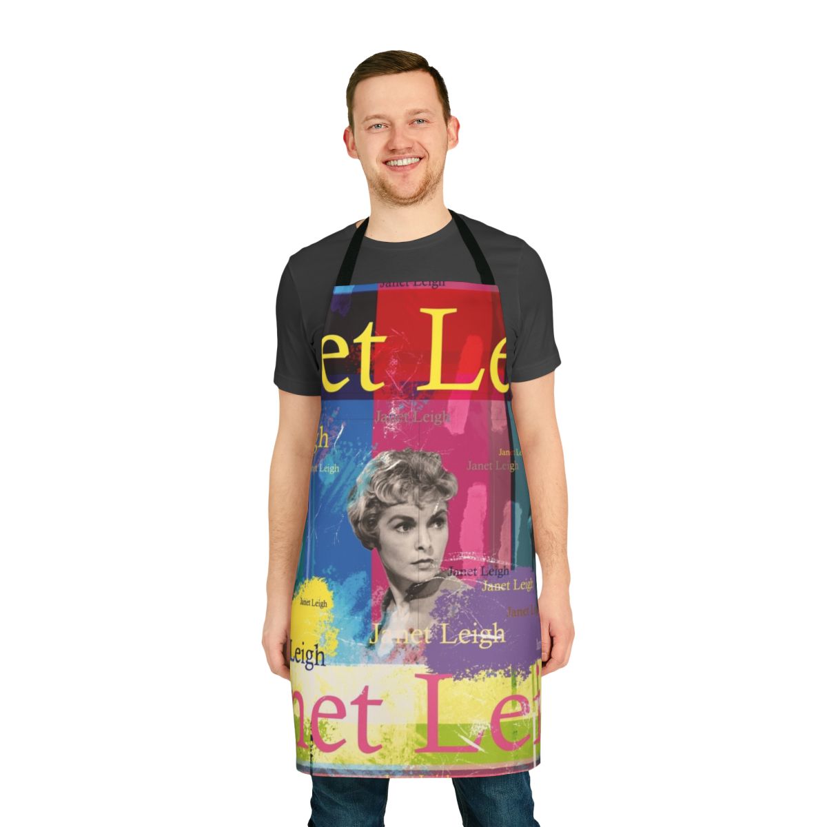 An apron featuring a digital collage portrait of actress Janet Leigh, known for her role in the classic film "Psycho".