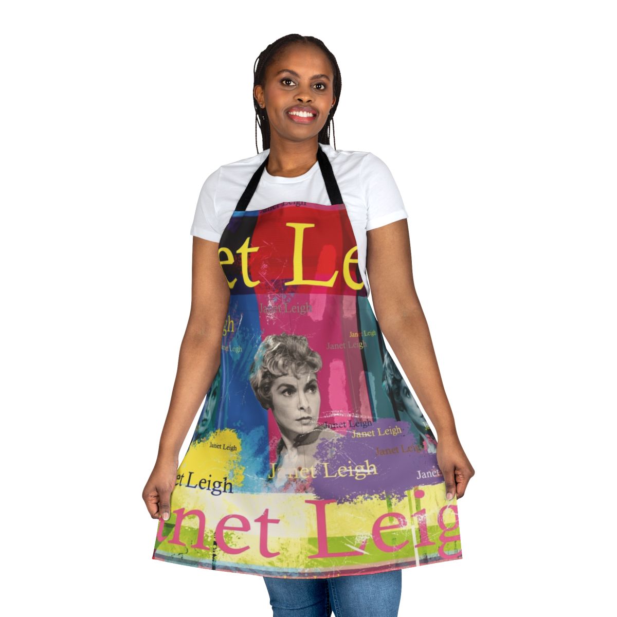 An apron featuring a digital collage portrait of actress Janet Leigh, known for her role in the classic film "Psycho".