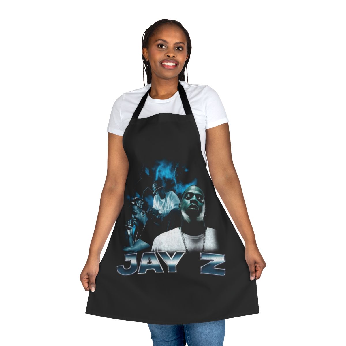 Vintage-inspired Jay Z-themed kitchen apron with retro 80s, 90s, and 2000s music design