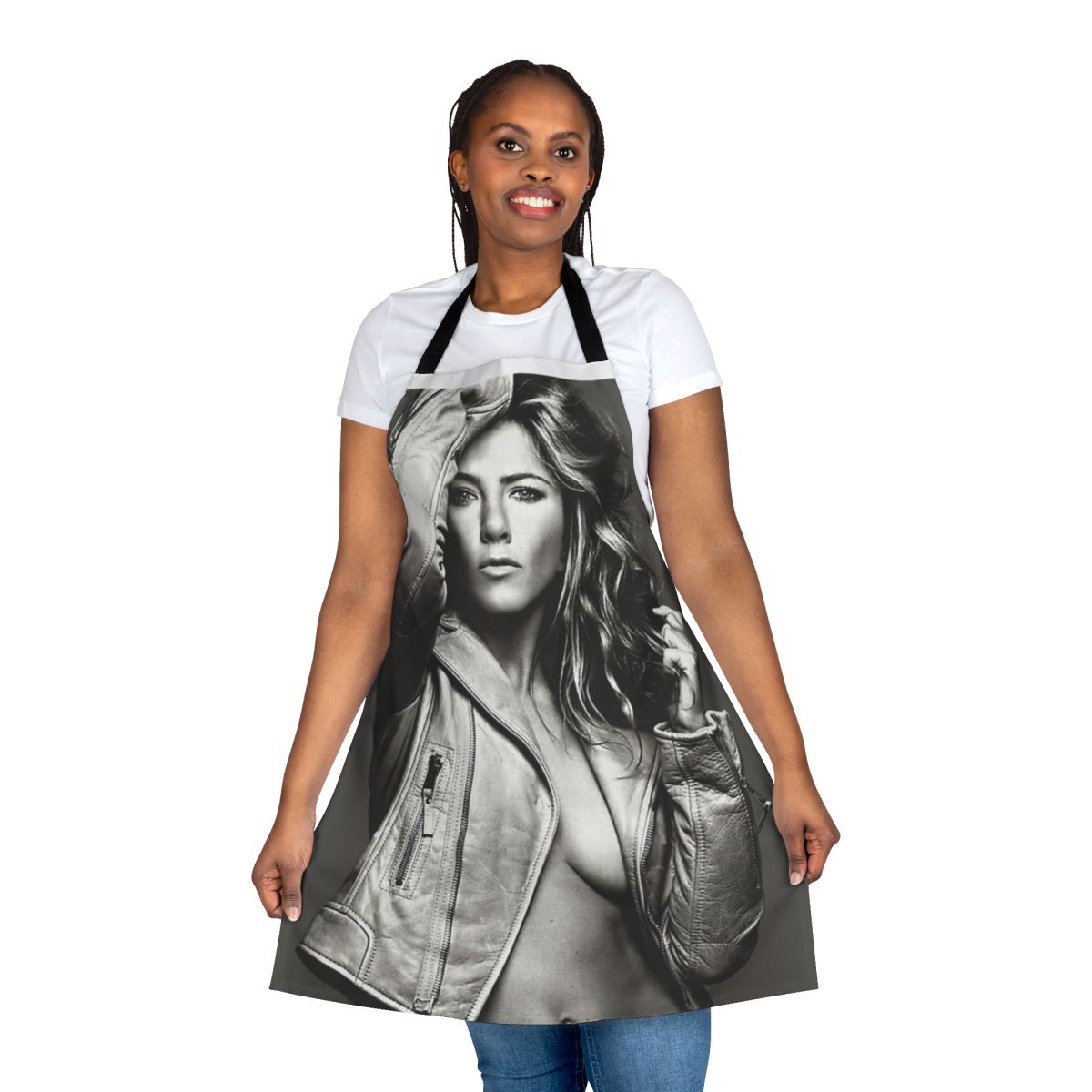 Vintage-style apron featuring a design inspired by Jennifer Aniston's character Rachel Green from the popular 90s sitcom Friends.