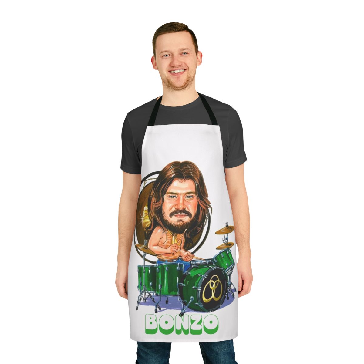 Vintage-style apron featuring John Bonham, the legendary drummer of Led Zeppelin