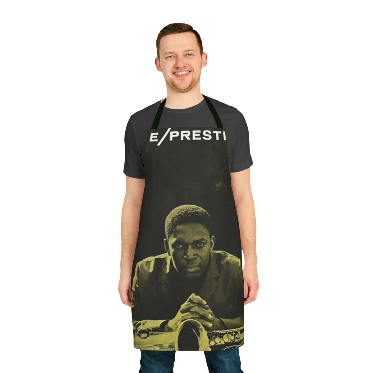 Stylish apron featuring a vintage portrait of legendary jazz musician John Coltrane