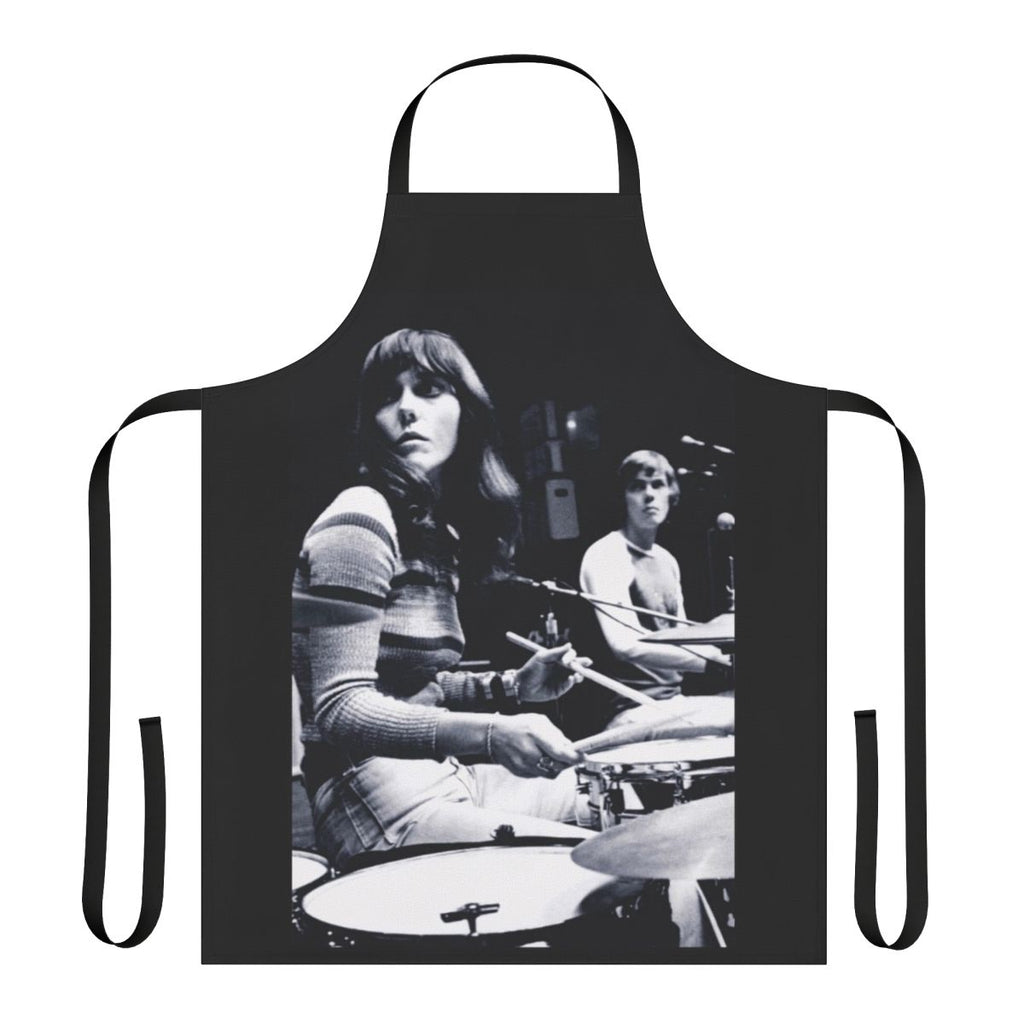 Vintage-inspired black and white apron featuring the image of legendary singer-drummer Karen Carpenter