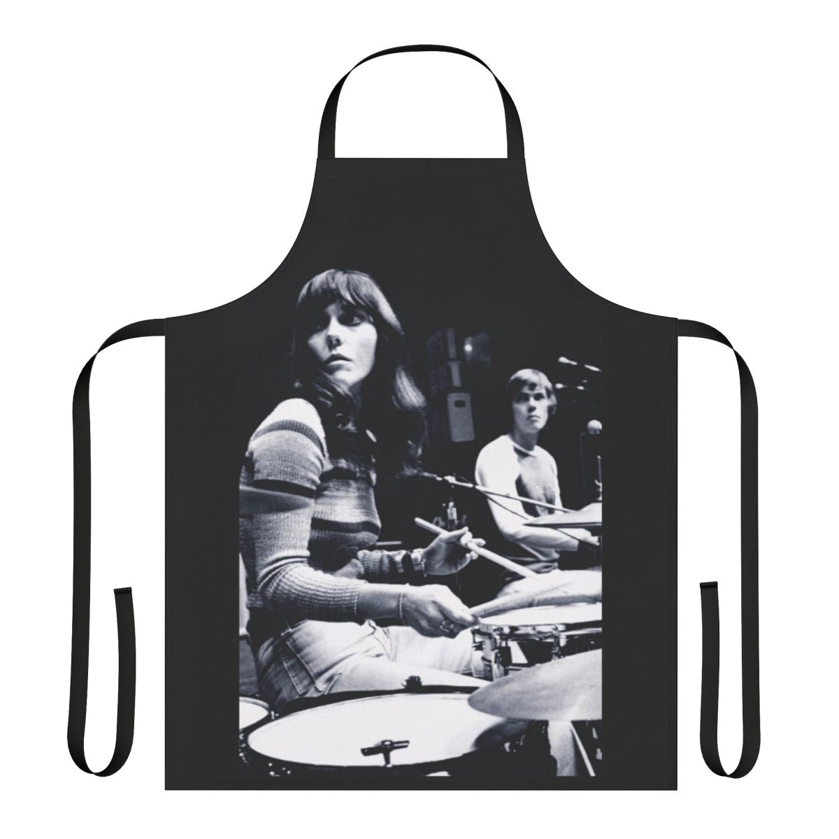 Vintage-inspired black and white apron featuring the image of legendary singer-drummer Karen Carpenter