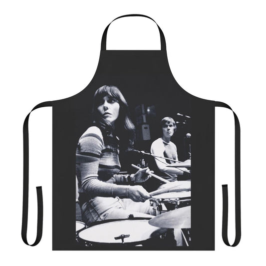 Vintage-inspired black and white apron featuring the image of legendary singer-drummer Karen Carpenter