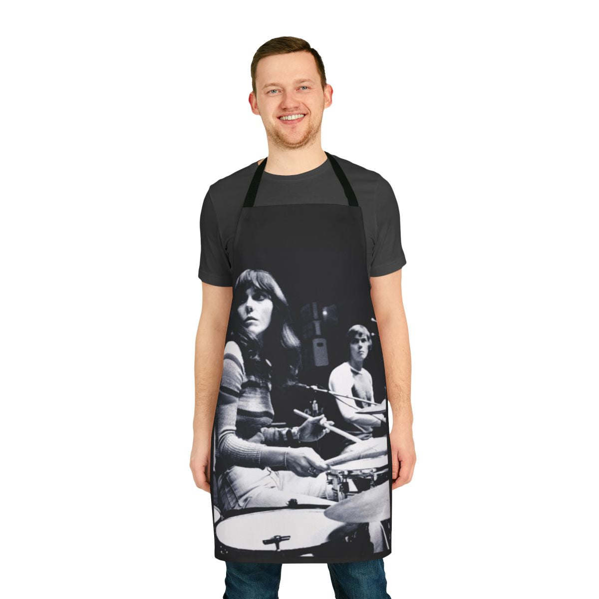 Vintage-inspired black and white apron featuring the image of legendary singer-drummer Karen Carpenter