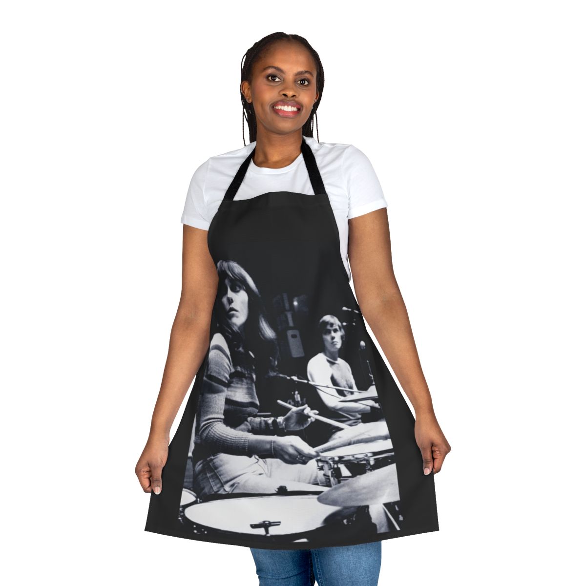 Vintage-inspired black and white apron featuring the image of legendary singer-drummer Karen Carpenter