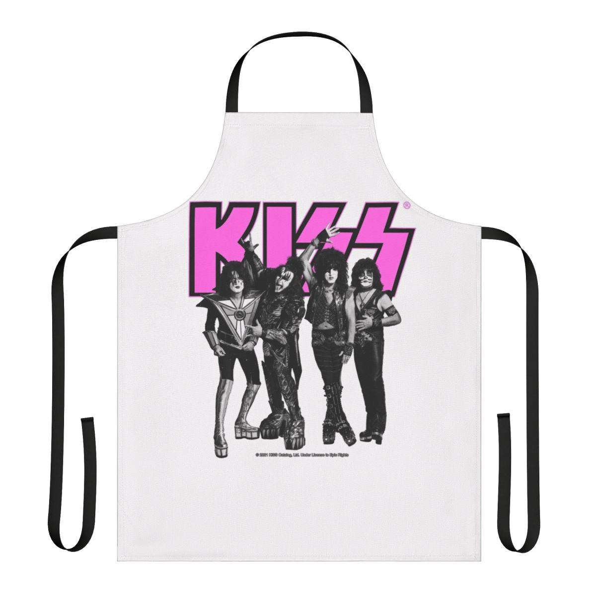 Vintage-inspired apron featuring the iconic Kiss band logo and members in black, white, and pink colors