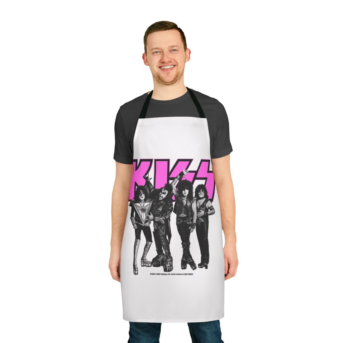 Vintage-inspired apron featuring the iconic Kiss band logo and members in black, white, and pink colors