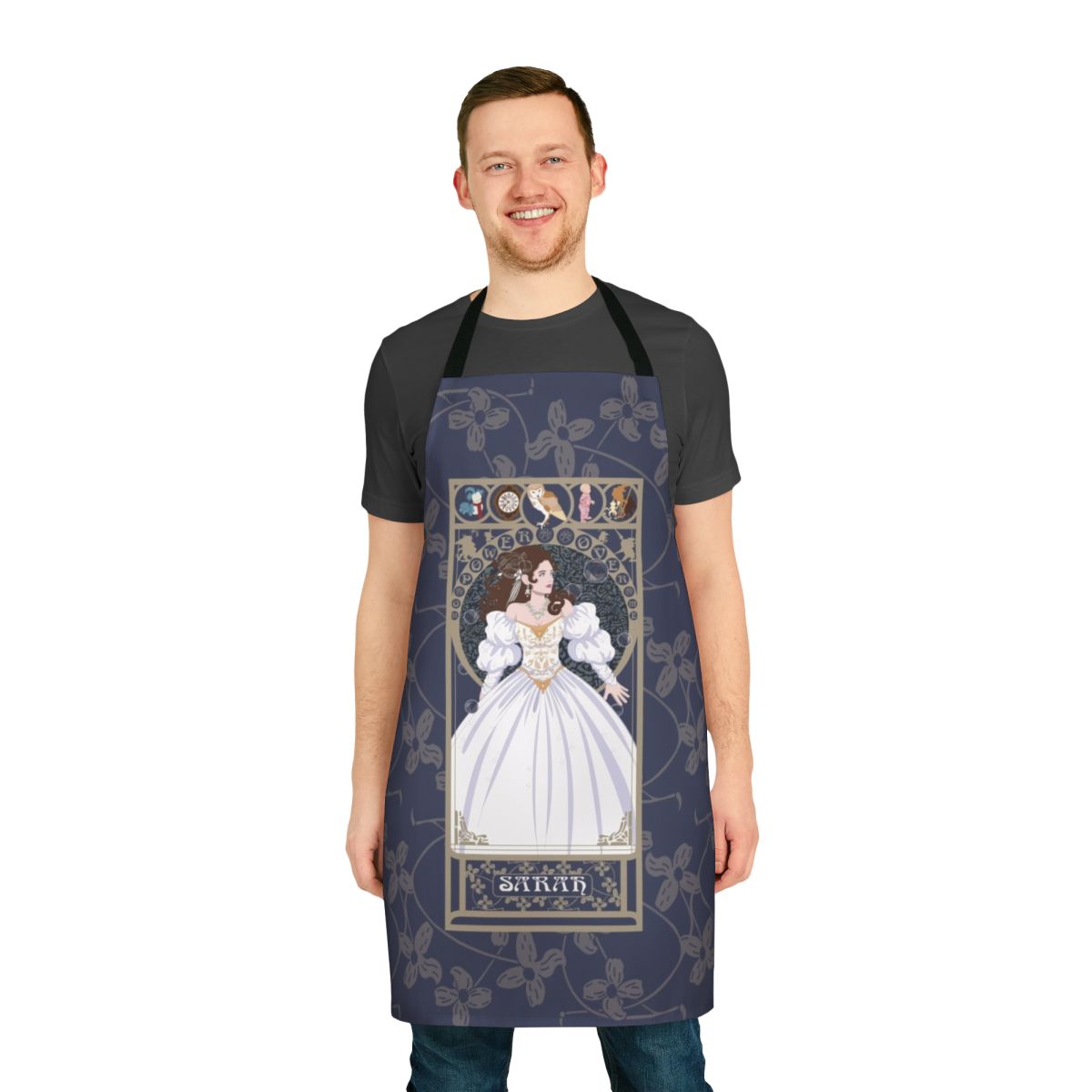 Vintage-inspired apron featuring a labyrinth design, inspired by the 1986 fantasy film Labyrinth.