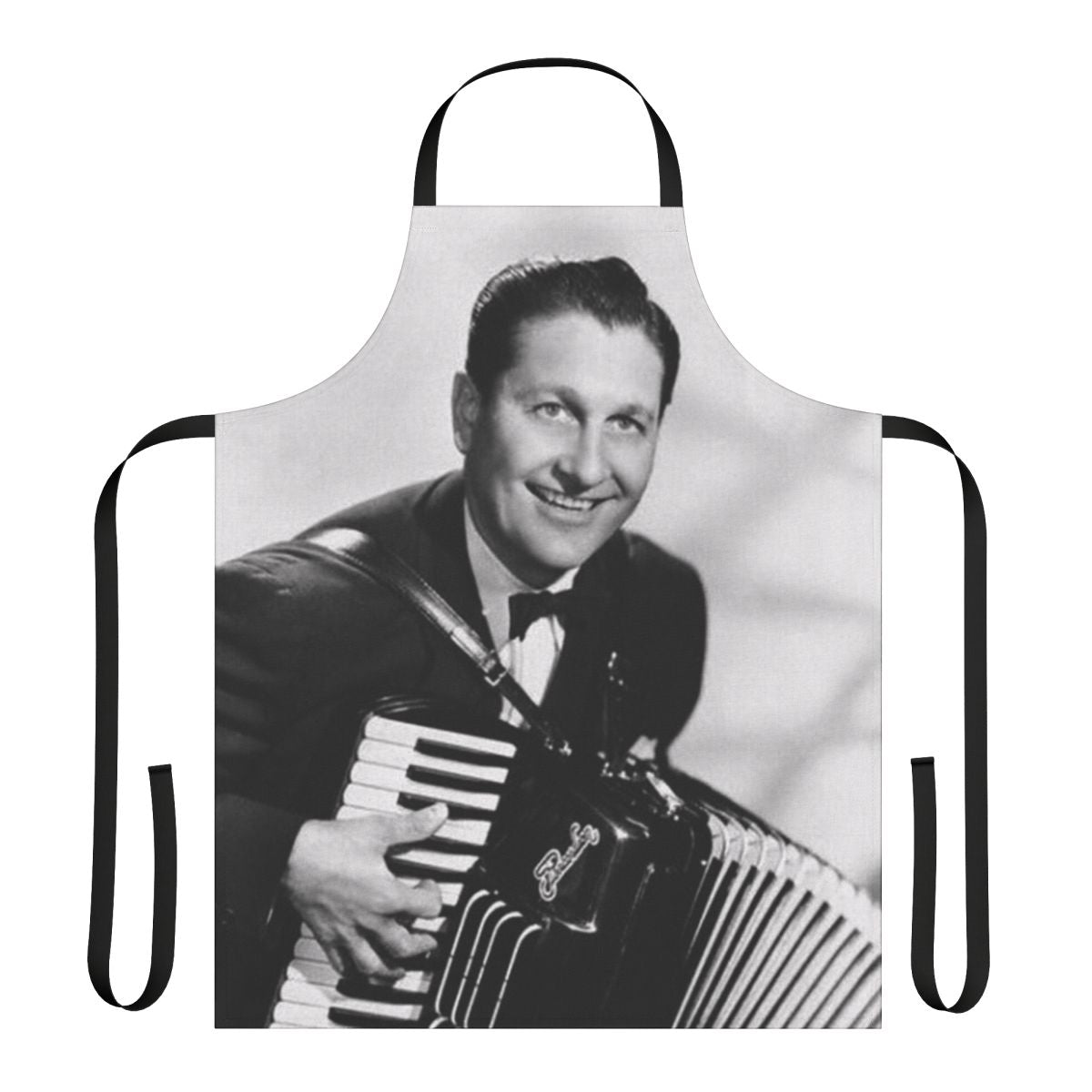 Vintage-style black and white apron featuring a smiling Lawrence Welk playing the accordion