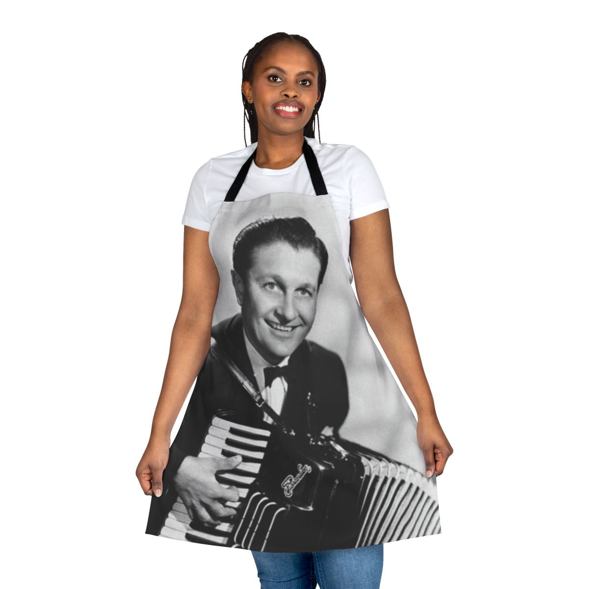 Vintage-style black and white apron featuring a smiling Lawrence Welk playing the accordion